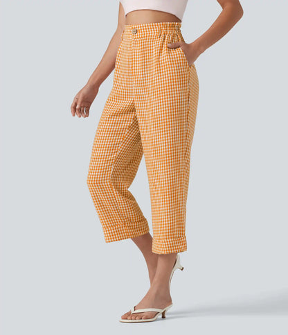 High Waisted Cropped Plaid Casual Linen-Feel Pants with Pockets