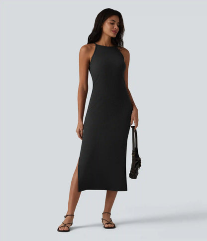 Ribbed Knit Round Neck Midi Casual Slip Dress