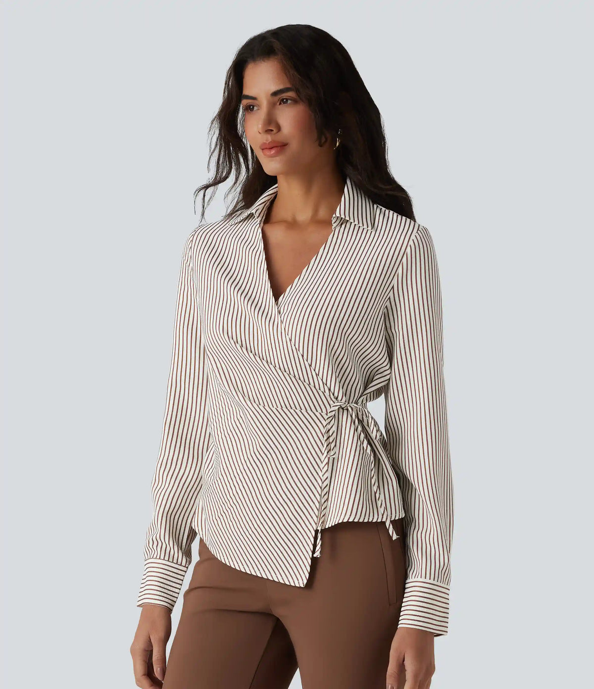 Long Sleeve Wrapped Tie Side Stripe Work Shirt
