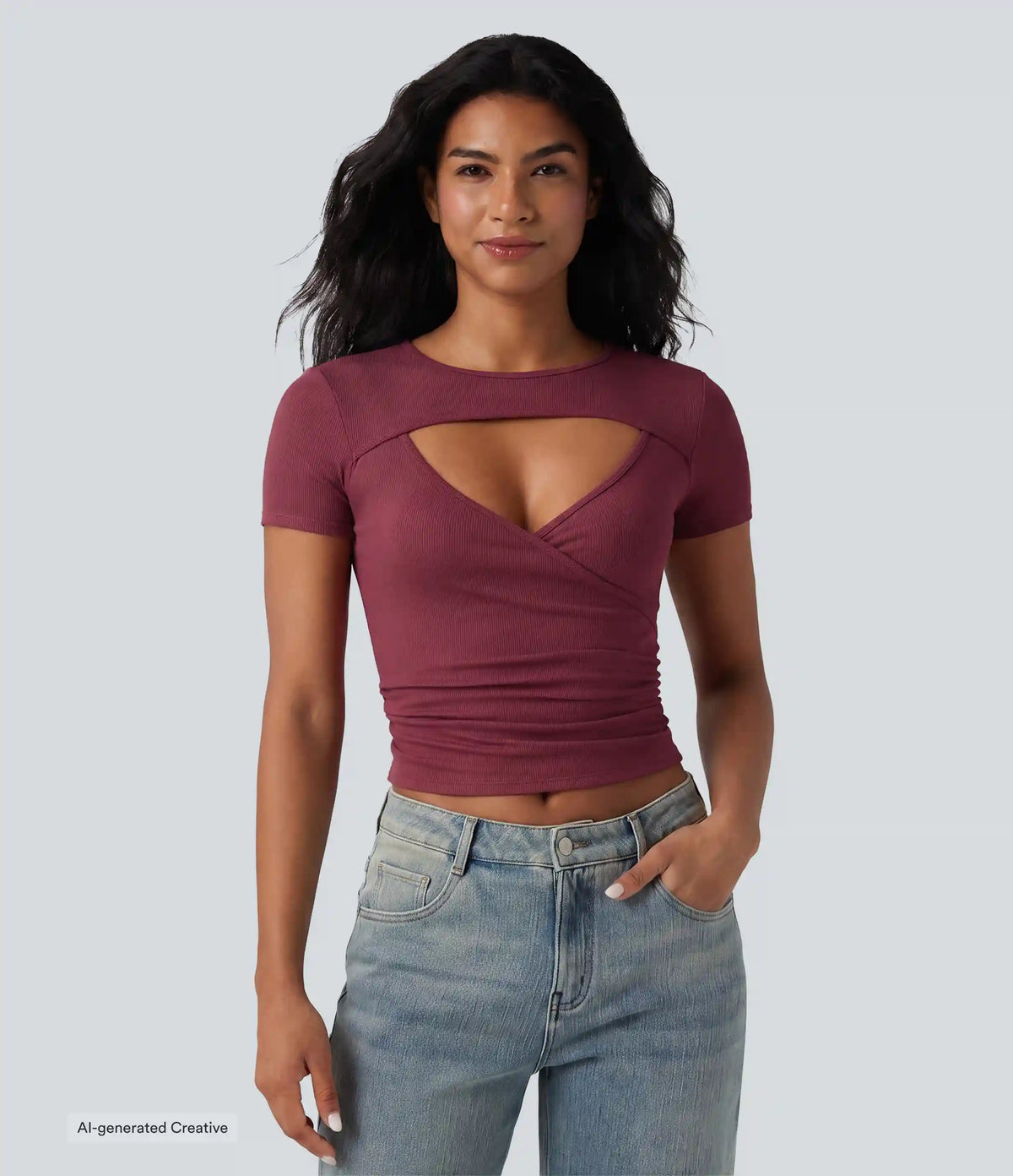 Ribbed Knit Round Neck Cut Out Short Sleeve Ruched Casual T-Shirt