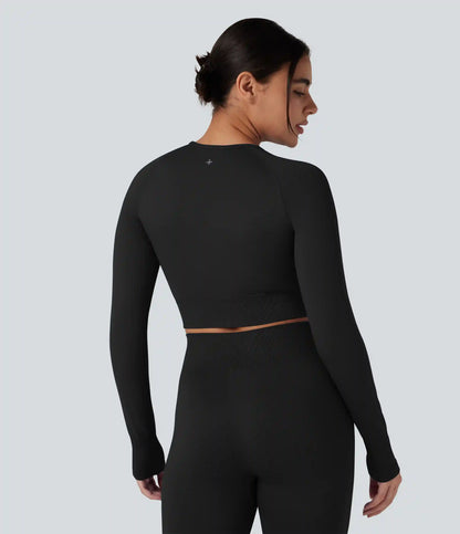 OneForm Seamless Flow Round Neck Long Sleeve Thumb Hole Cropped Yoga Sports Top
