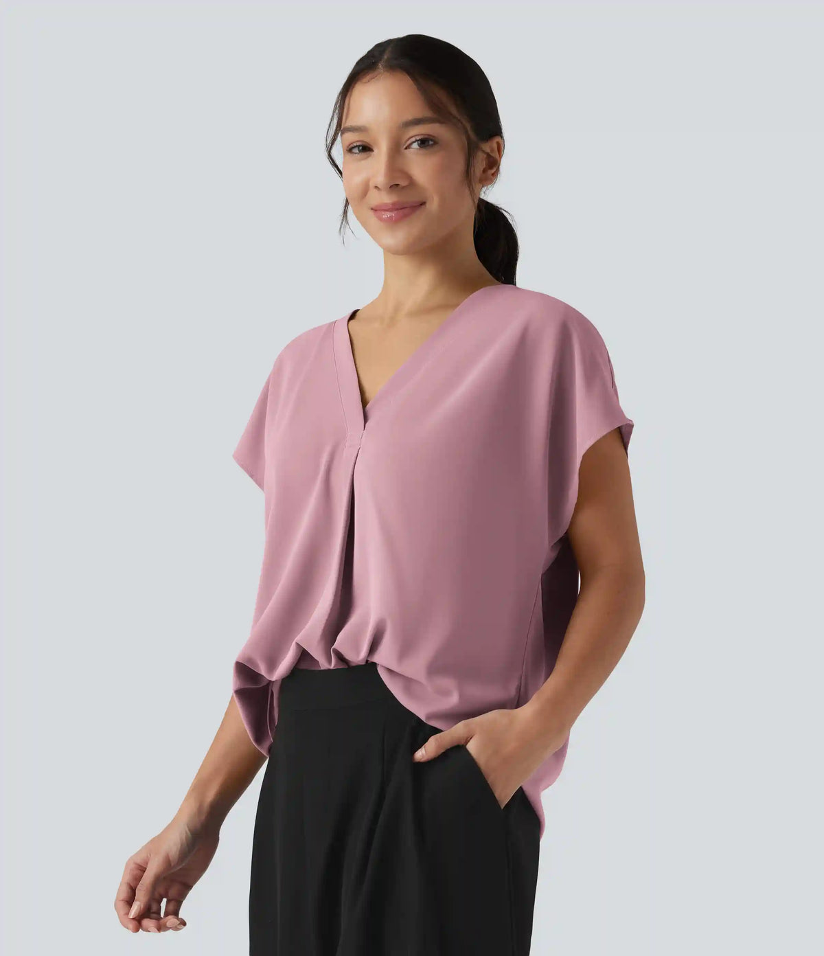 Wrinkle Recovery V-neck Short Sleeve Oversized Work Blouse