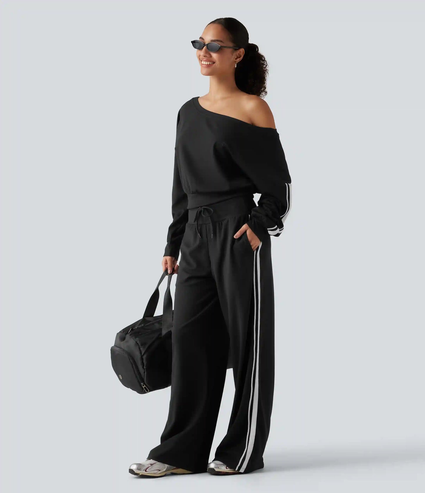 High Waisted Drawstring Wide Leg Side Stripe Waffle Casual Pants with Pockets