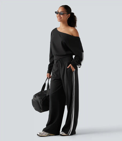 High Waisted Drawstring Wide Leg Side Stripe Waffle Casual Pants with Pockets