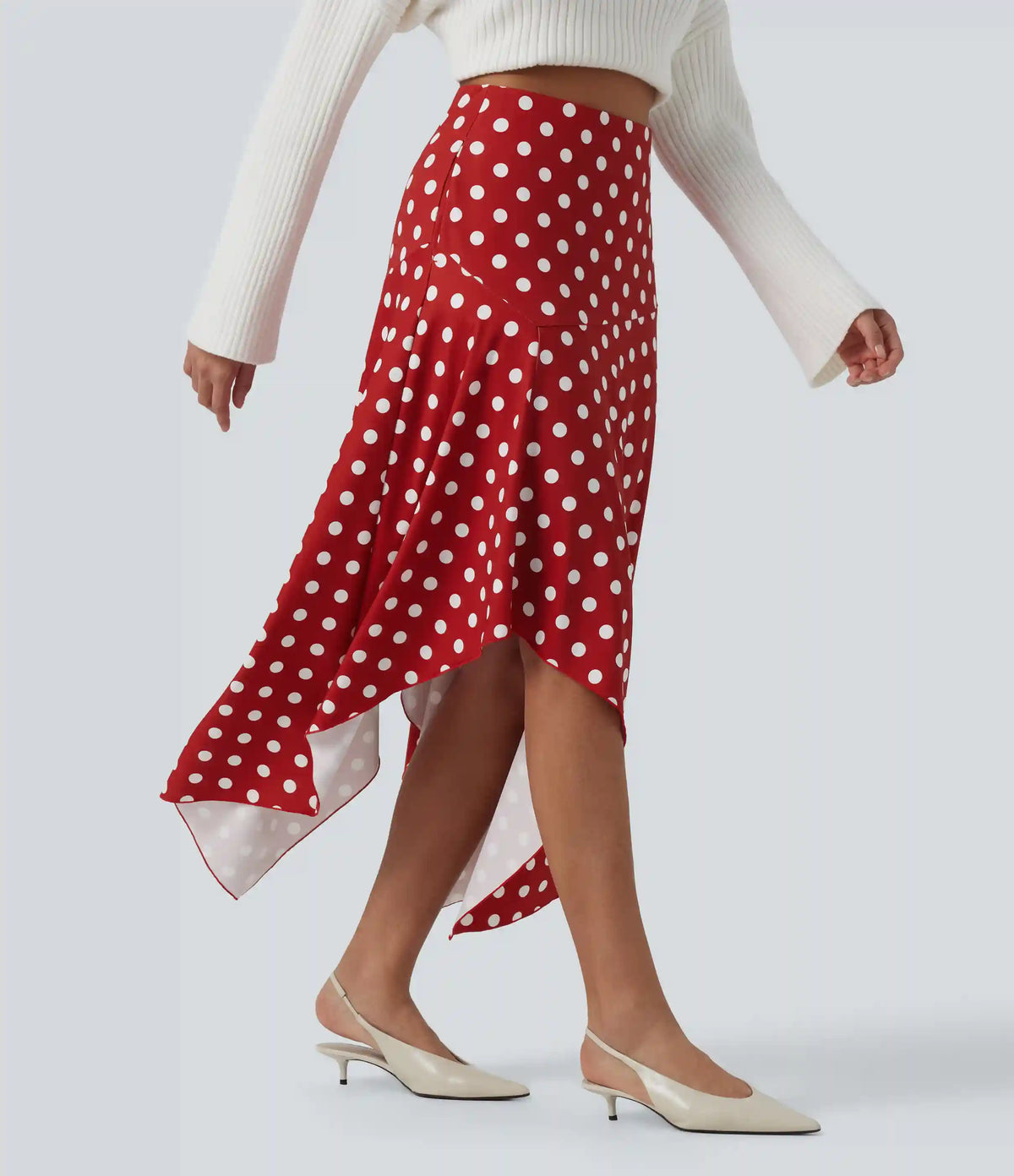 High Waisted Asymmetric Ruffle Hem Polka Dot Casual Midi Skirt with Pockets