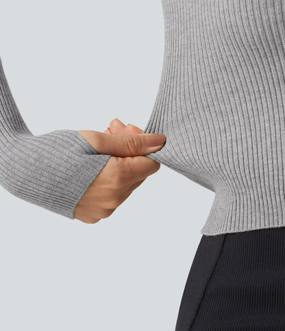 Lapel Long Sleeve Thumb Hole Work Sweater