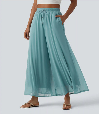 High Waisted Drawstring Wide Leg Flowy Mesh Casual Pants with Pockets