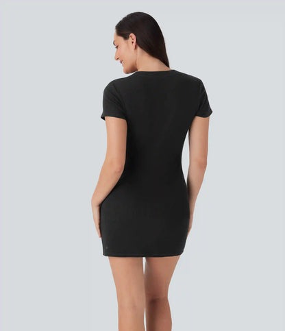 Ribbed Knit Round Neck Mini Casual Dress