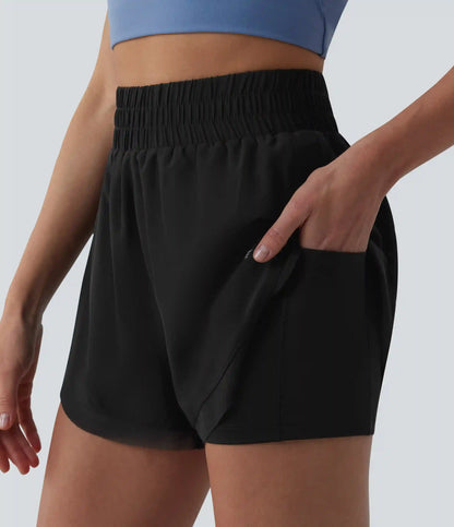 High Waisted Contrast Mesh 2-in-1 Running Shorts with Pockets
