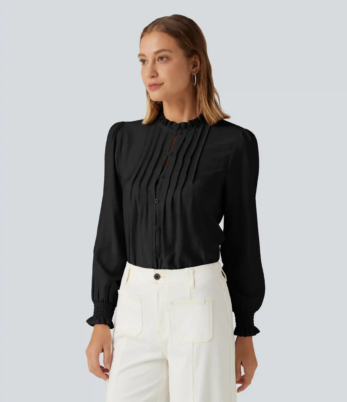 Ruffled Mock Neck Pleated Puff Long Sleeve Work Blouse