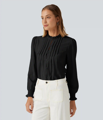 Ruffled Mock Neck Pleated Puff Long Sleeve Work Blouse