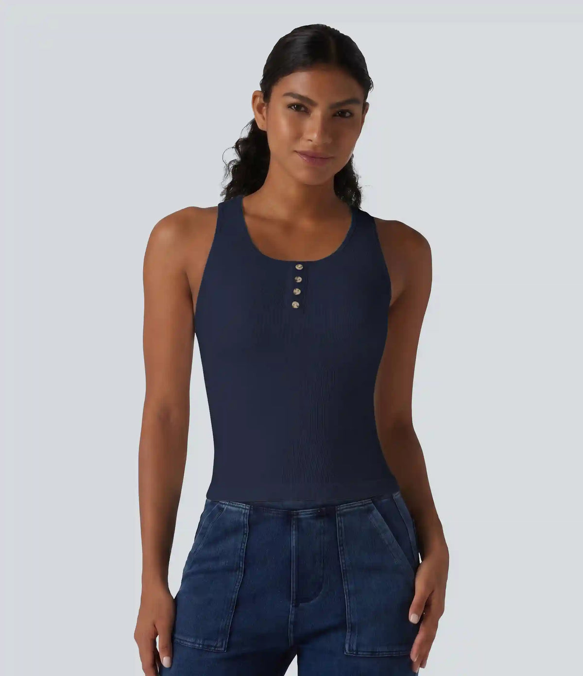 Ribbed Knit Round Neck Built-in Bra Casual Tank Top