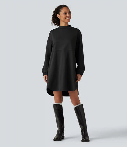 Mock Neck Drawstring Long Sleeve Mini Casual Dress with Pockets