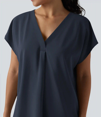 Wrinkle Recovery V-neck Short Sleeve Oversized Work Blouse