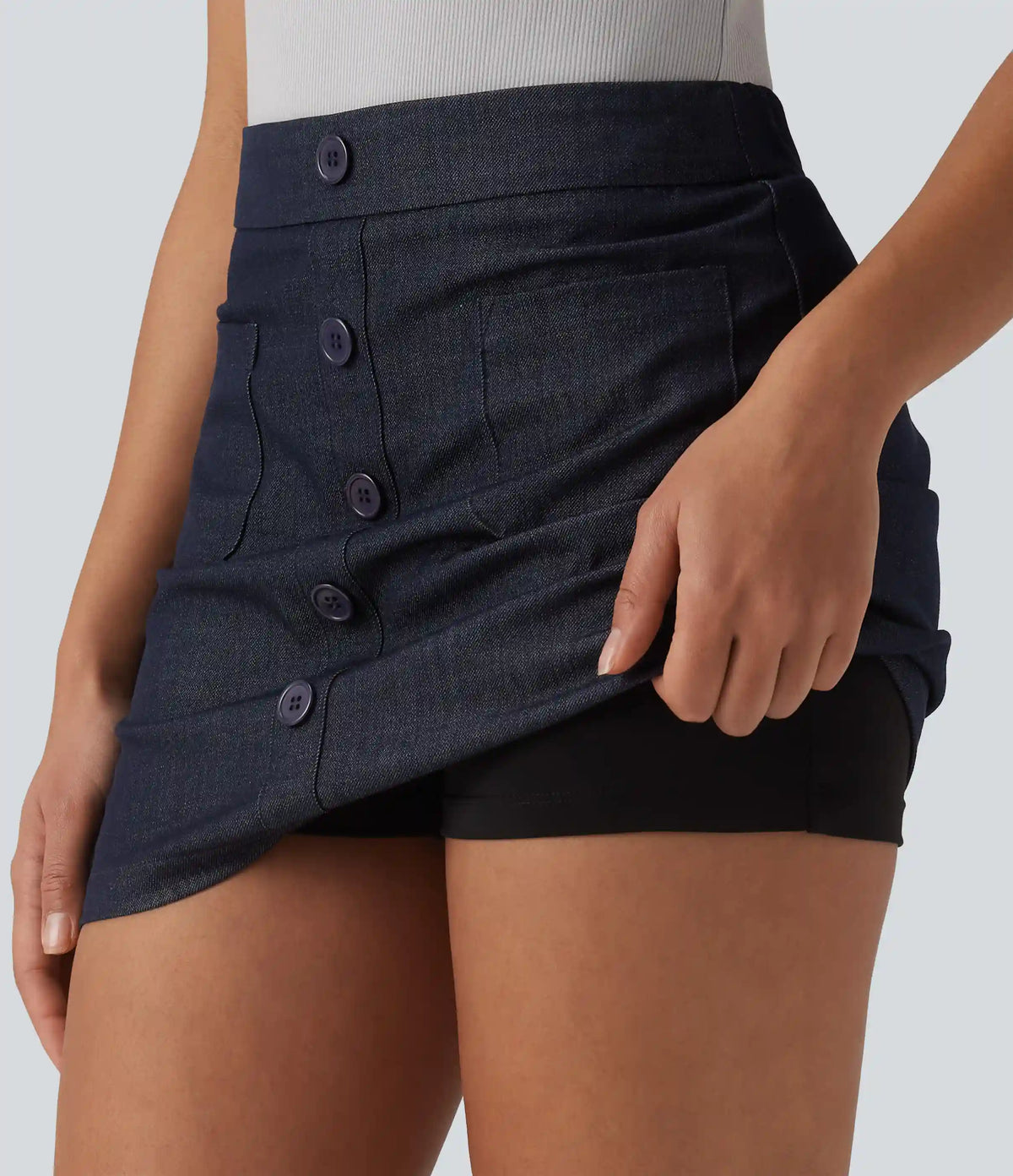 High Waisted Invisible Zipper 2-in-1 Denim Like Bodycon Mini Casual Skirt with Pockets