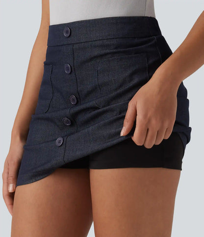 High Waisted Invisible Zipper 2-in-1 Denim Like Bodycon Mini Casual Skirt with Pockets