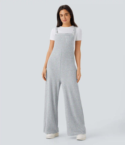 Ribbed Knit Pockets Casual Overalls
