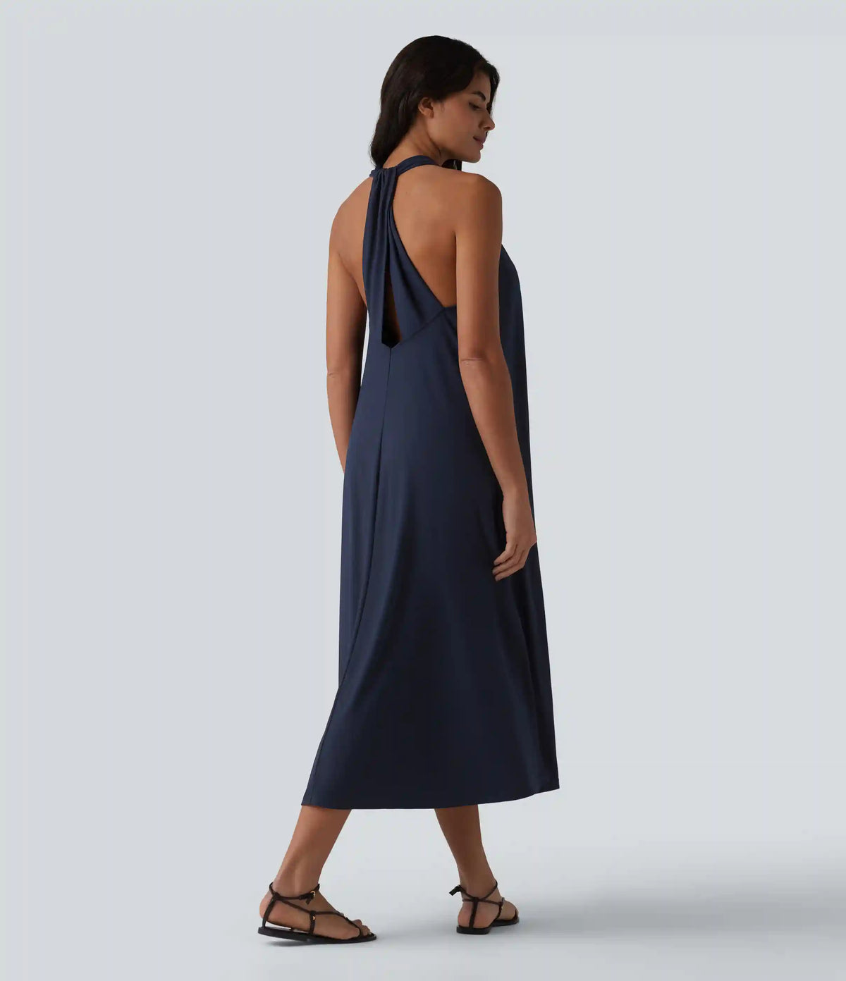 V Neck Midi Casual Dress with Pockets