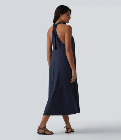 V Neck Midi Casual Dress with Pockets