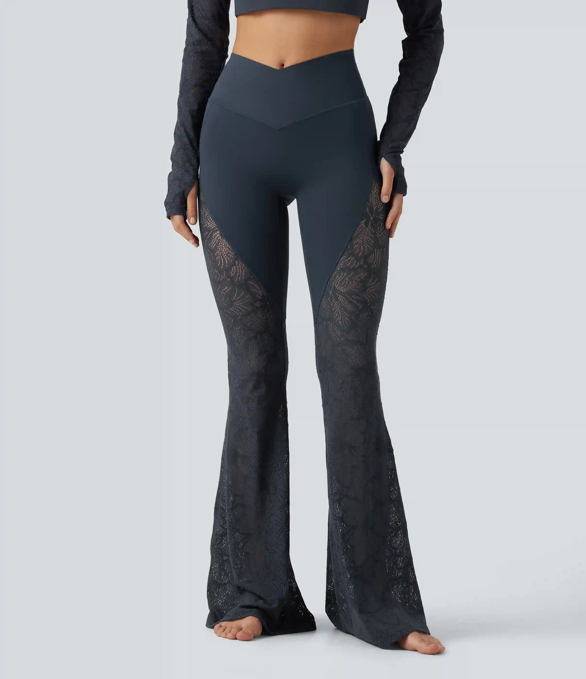 Halara UltraSculpt™ High Waisted Crossover Tummy Control Contrast Lace Yoga Flare Leggings with Pockets
