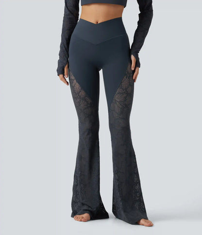 Halara UltraSculpt™ High Waisted Crossover Tummy Control Contrast Lace Yoga Flare Leggings with Pockets