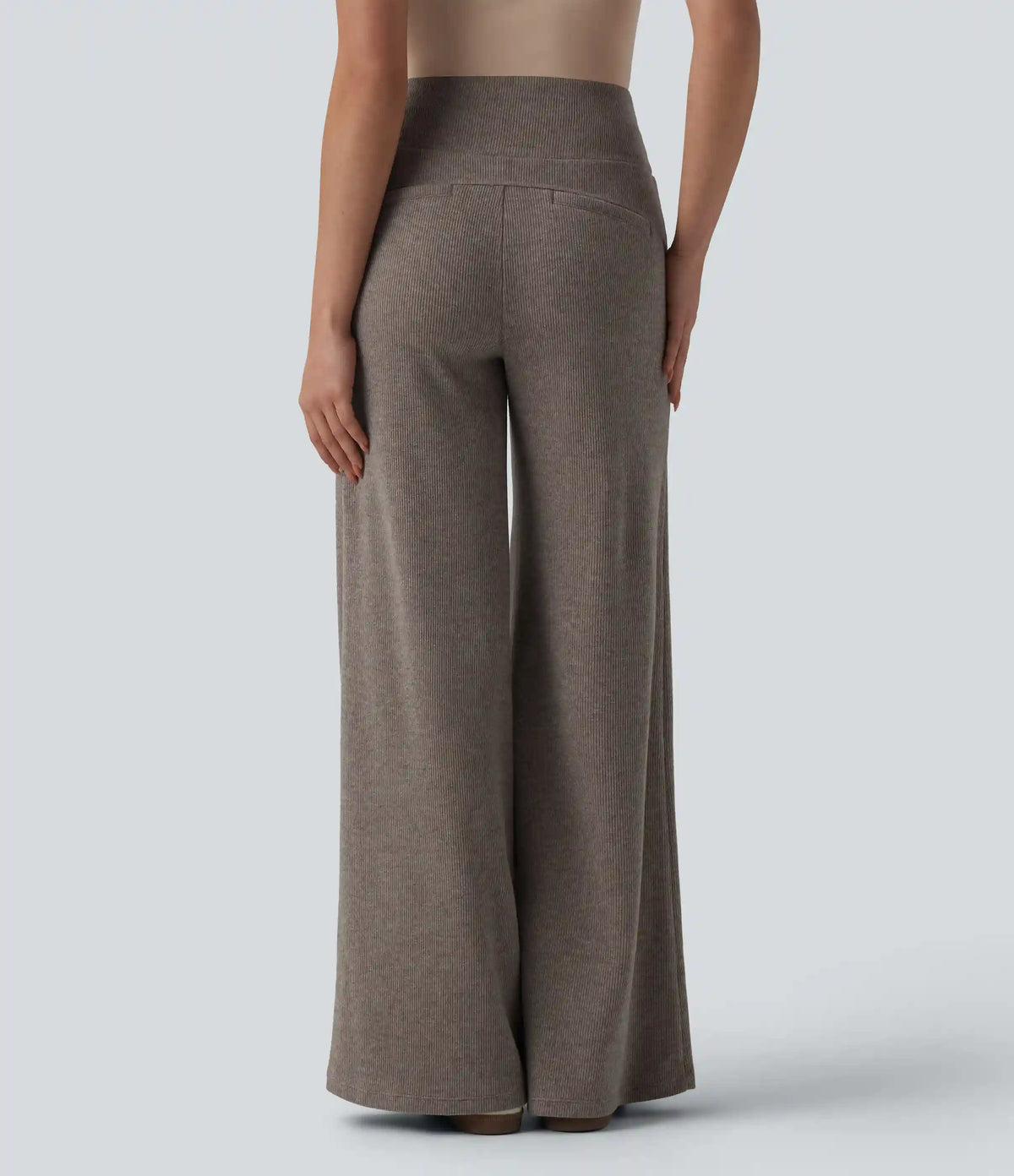 Ribbed Knit High Waisted Drawstring Tummy Control Casual Bootcut Pants with Pockets