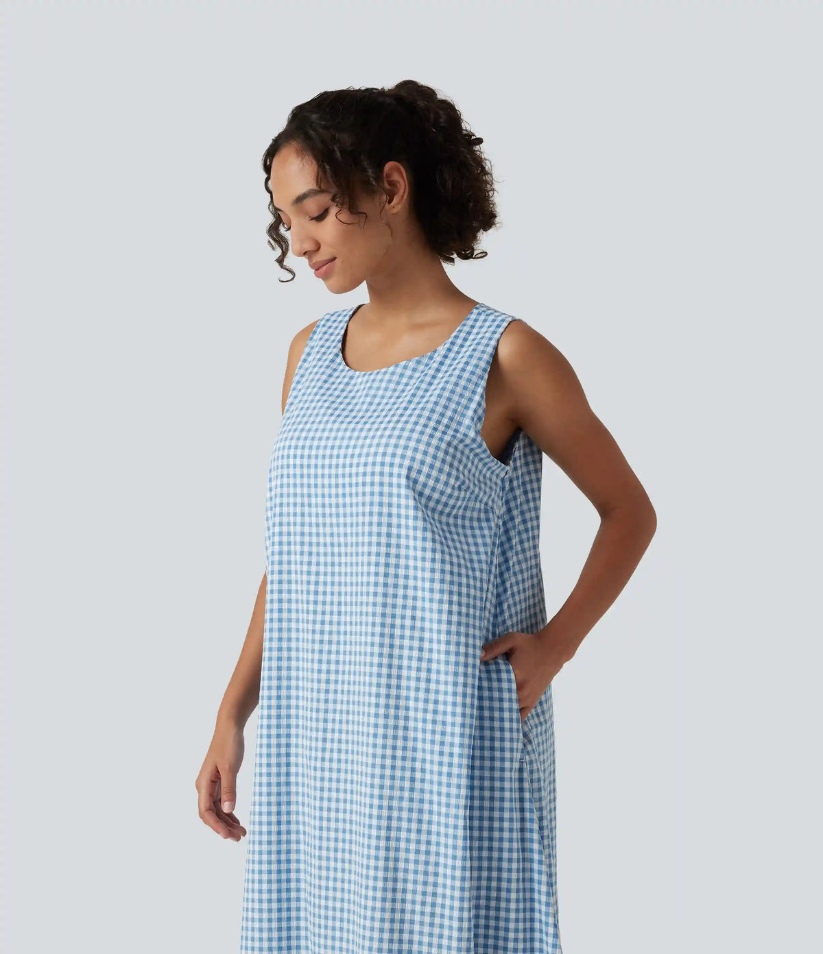 Round Neck Sleeveless Midi Crinkle Gingham Casual Tank Dress with Pockets DD-F Cups