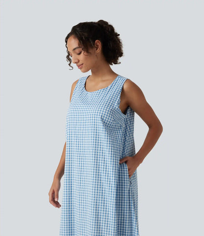 Round Neck Sleeveless Midi Crinkle Gingham Casual Tank Dress with Pockets DD-F Cups