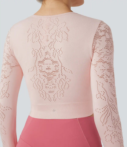 OneForm Seamless Flow Round Neck Long Sleeve Cut Out Cropped Yoga Sports Top
