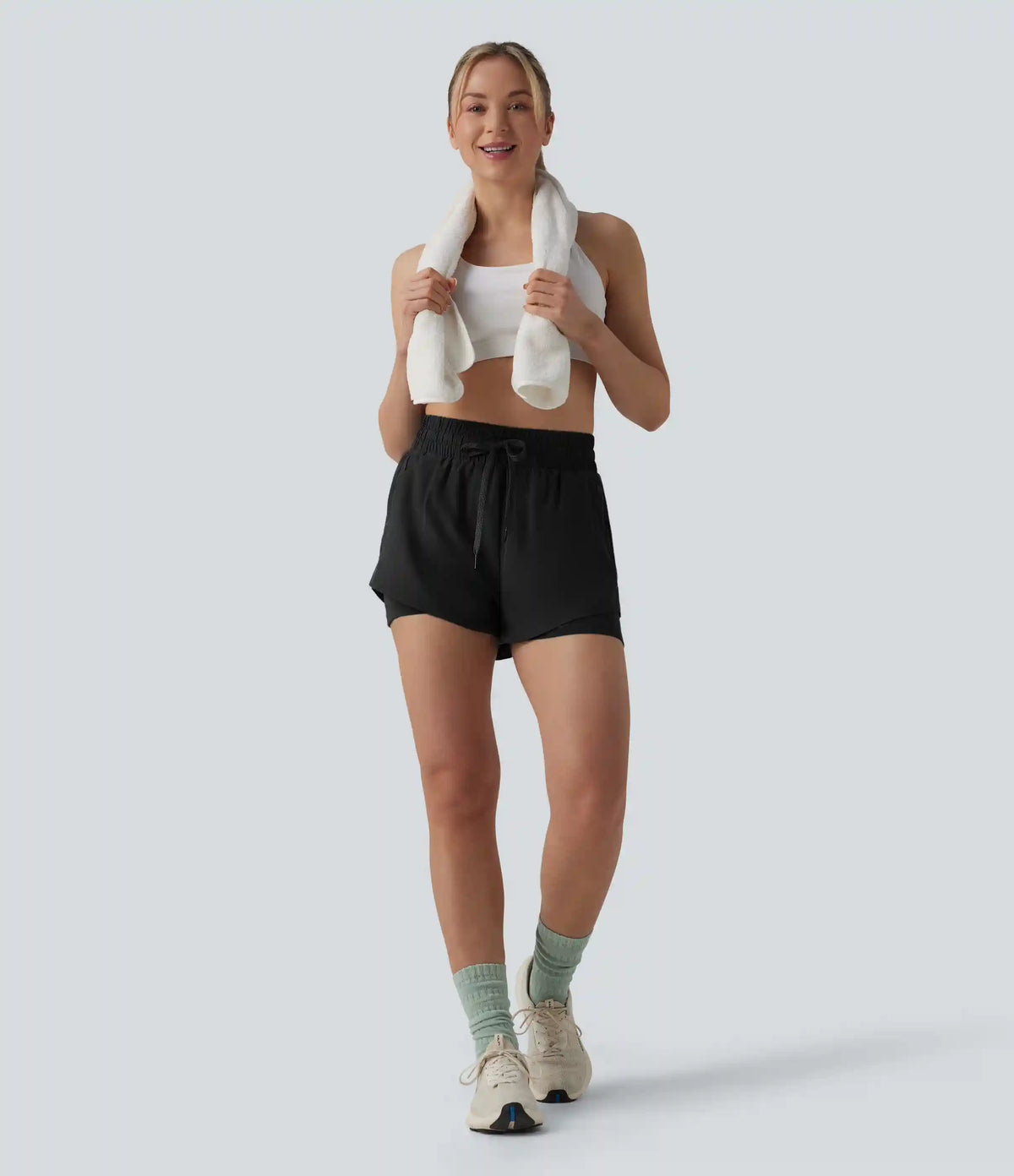 High Waisted Drawstring 2-in-1 Running Shorts with Pockets