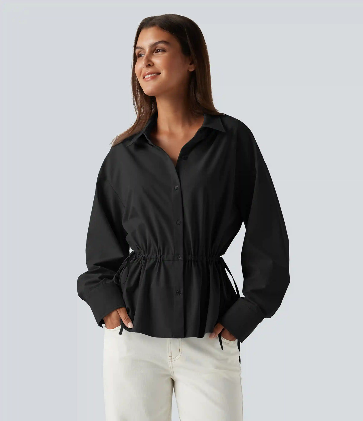 Long Sleeve Ruched Drawstring Casual Shirt