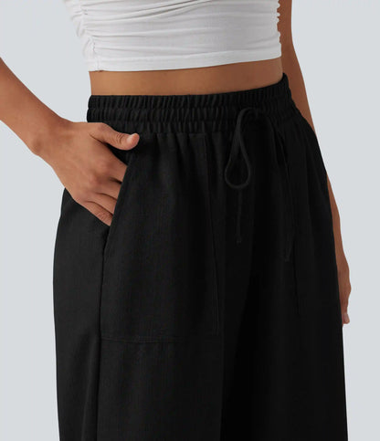 High Waisted Drawstring Wide Leg Casual Linen-Feel Joggers with Pockets