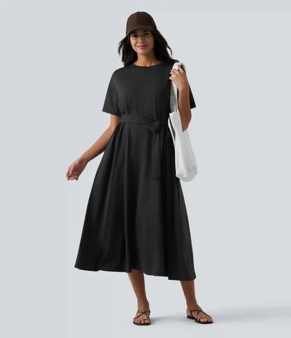 Round Neck Short Sleeve Belted Midi Flowy Casual T-Shirt Dress with Pockets