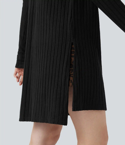Ribbed Knit Long Sleeve Split Casual Cardigan