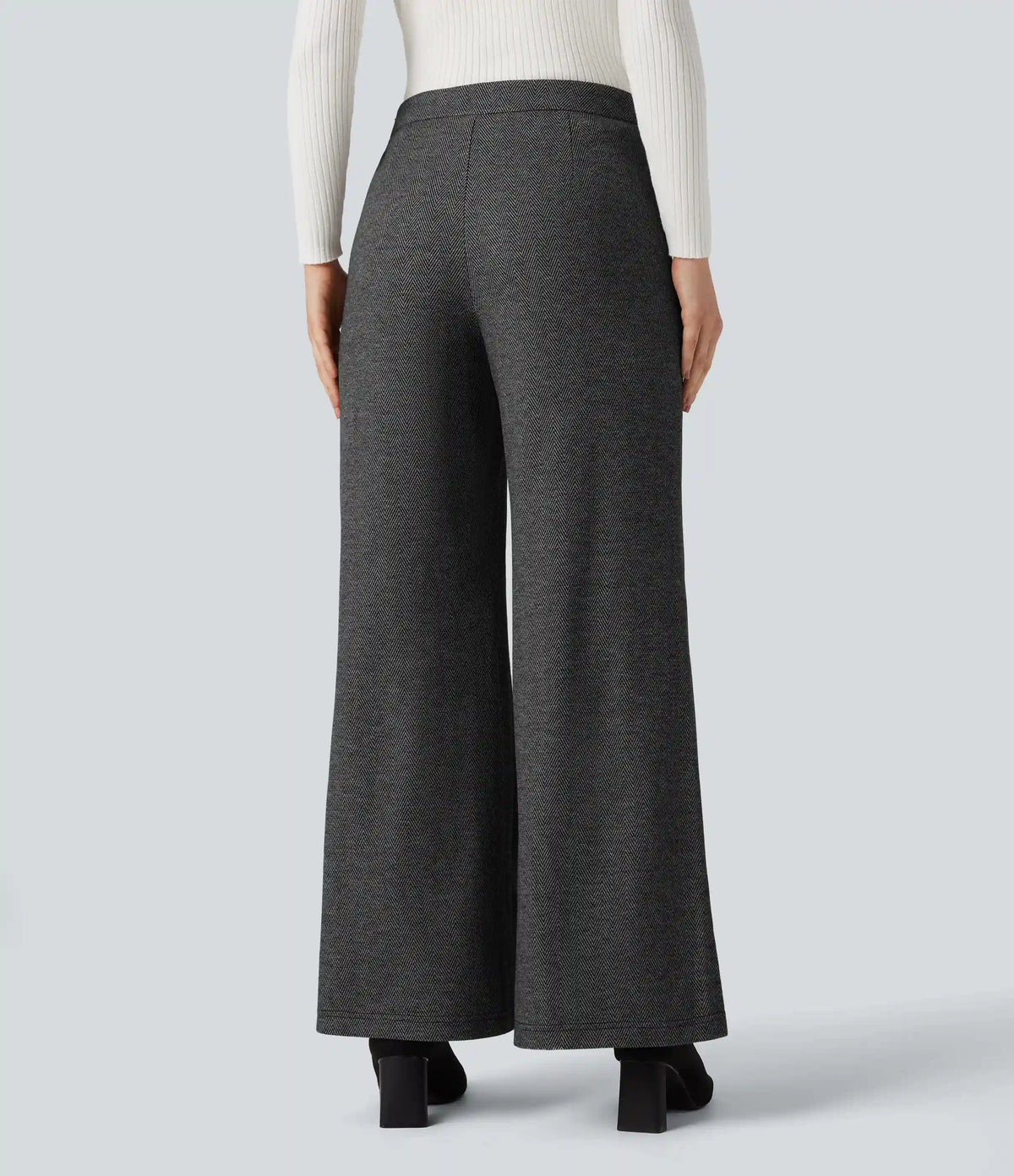 High Waisted Wide Leg Herringbone Work Pants with Pockets