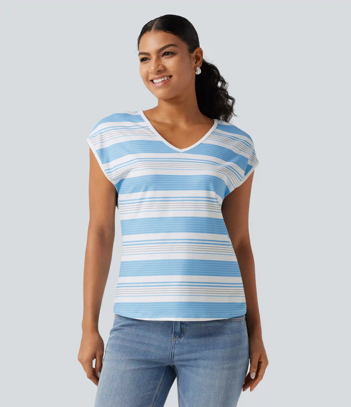 V Neck Short Sleeve Stripe Casual T-Shirt
