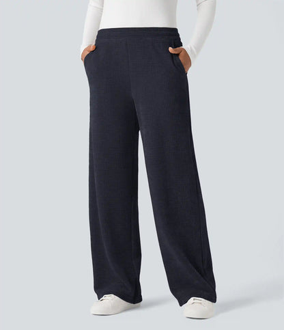 Mid Rise Chenille Waffle Casual Straight-leg Pants with Pockets