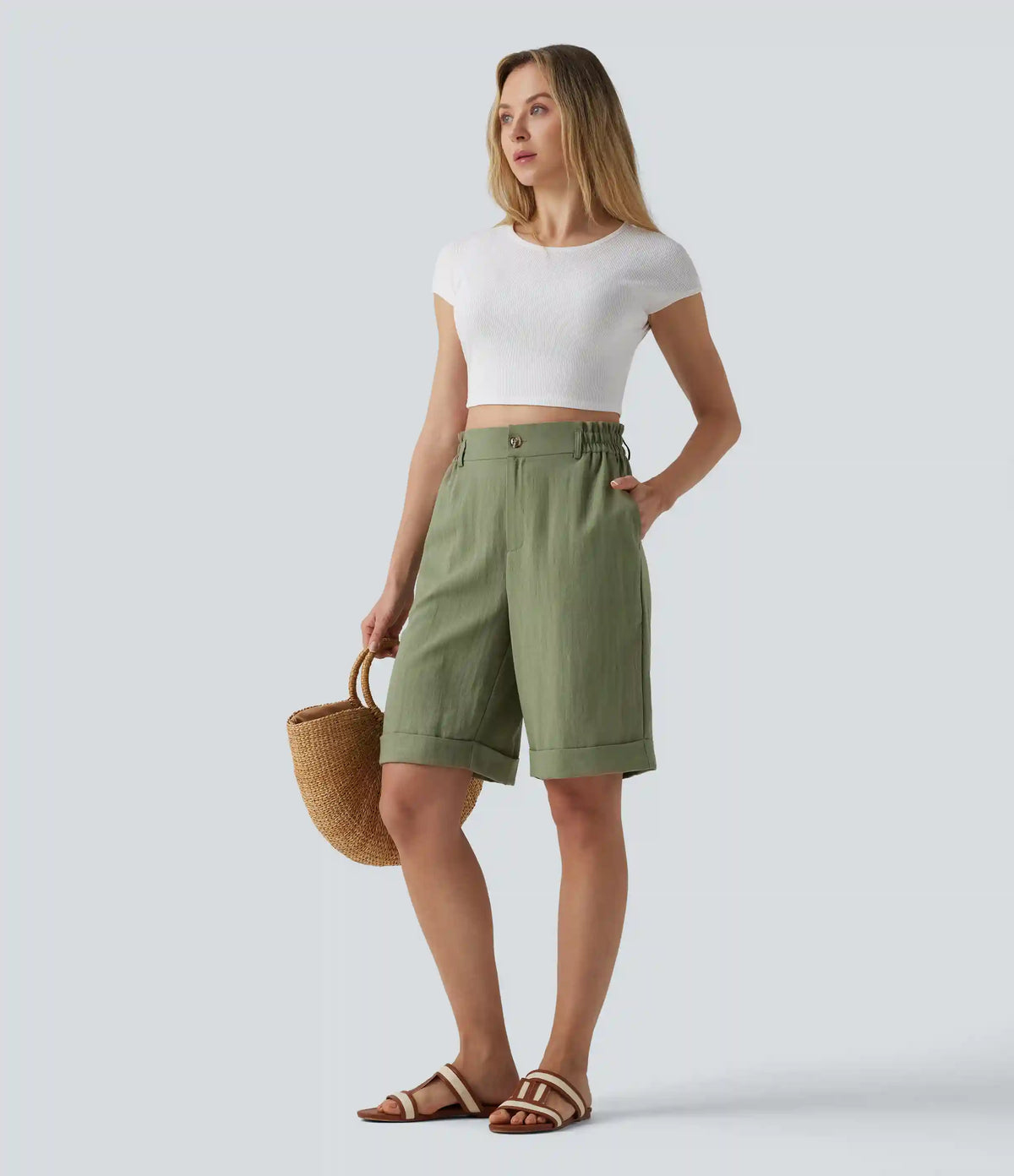 High Waisted Rolled Hem Linen-Feel Resort Bermuda Shorts 10'' with Pockets
