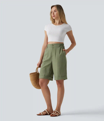High Waisted Rolled Hem Linen-Feel Resort Bermuda Shorts 10'' with Pockets