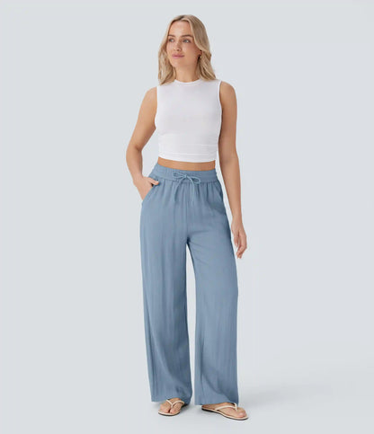 High Waisted Drawstring Pocket Wide Leg Baggy Casual Linen-Feel Pants