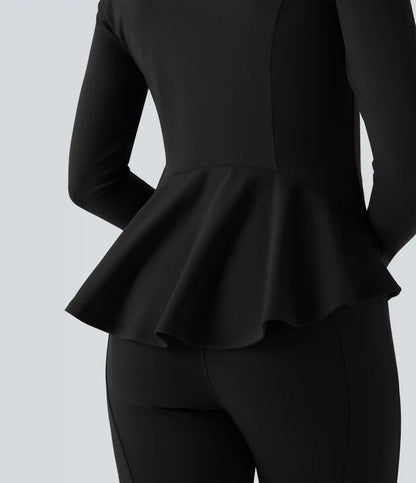 DayStretch Stand Collar Zipper Thumb Hole Ruffle Hem Slim Jacket with Pockets