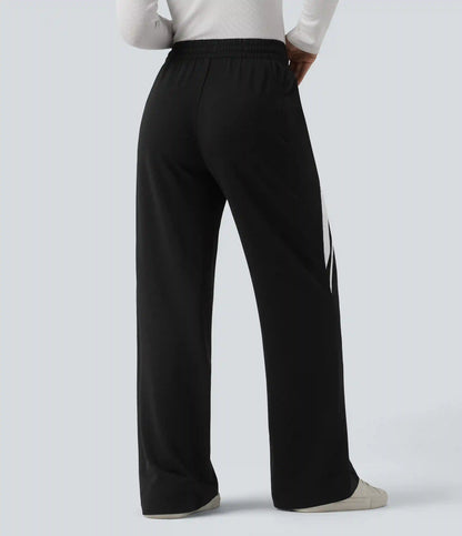 Mid Rise Inner Drawstring Wide Leg Color Block Casual Sweatpants with Pockets
