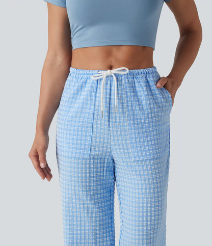 Mid Rise Drawstring Straight Leg Gingham Casual Pants with Pockets