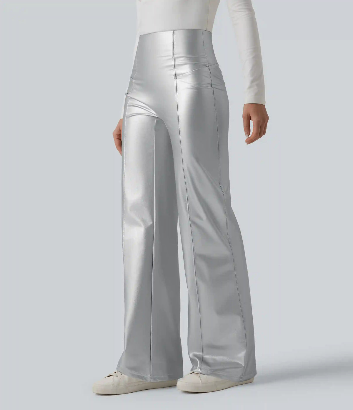 High Waisted Tummy Control Stretchy PU Fleece Casual Flare Pants with Pockets