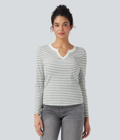 Notched Long Sleeve Stripe Casual Top