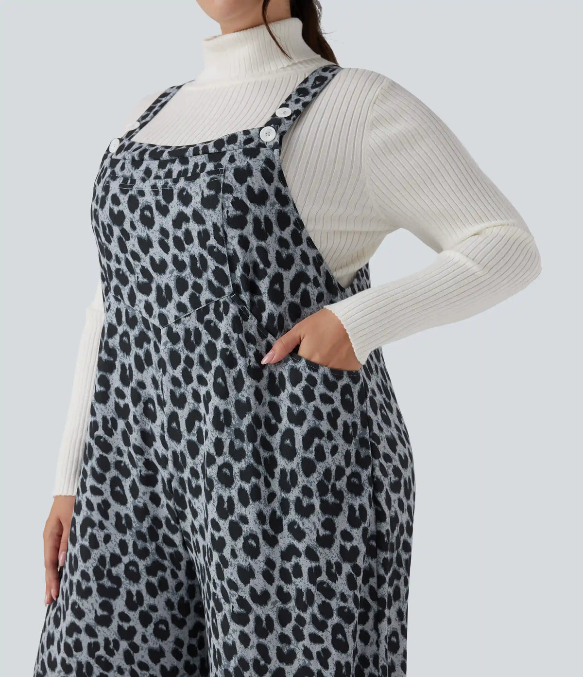 Leopard Print Waffle Casual Plus Size Overalls with Pockets