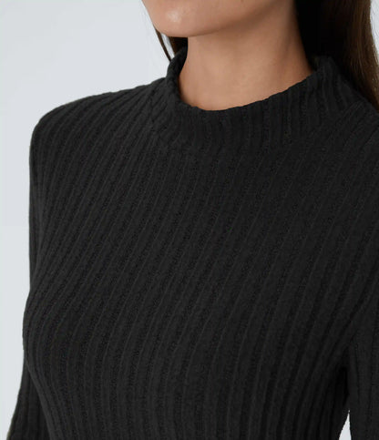 Ribbed Knit Stand Collar Long Sleeve Mini Casual Dress