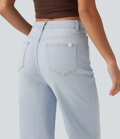 High Waisted Ripped Straight Leg Casual Jeans with Pockets