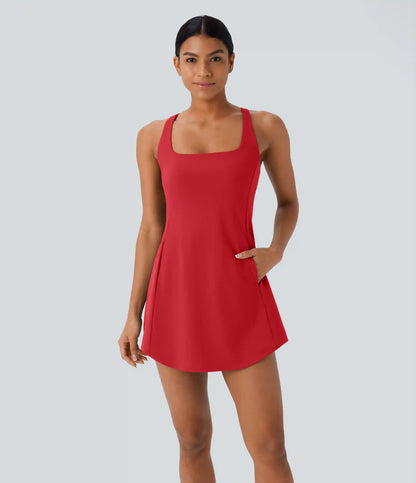 SoftlyZero™ Plush Cut Out Pocket 2-Piece Mini Yoga Active Dress