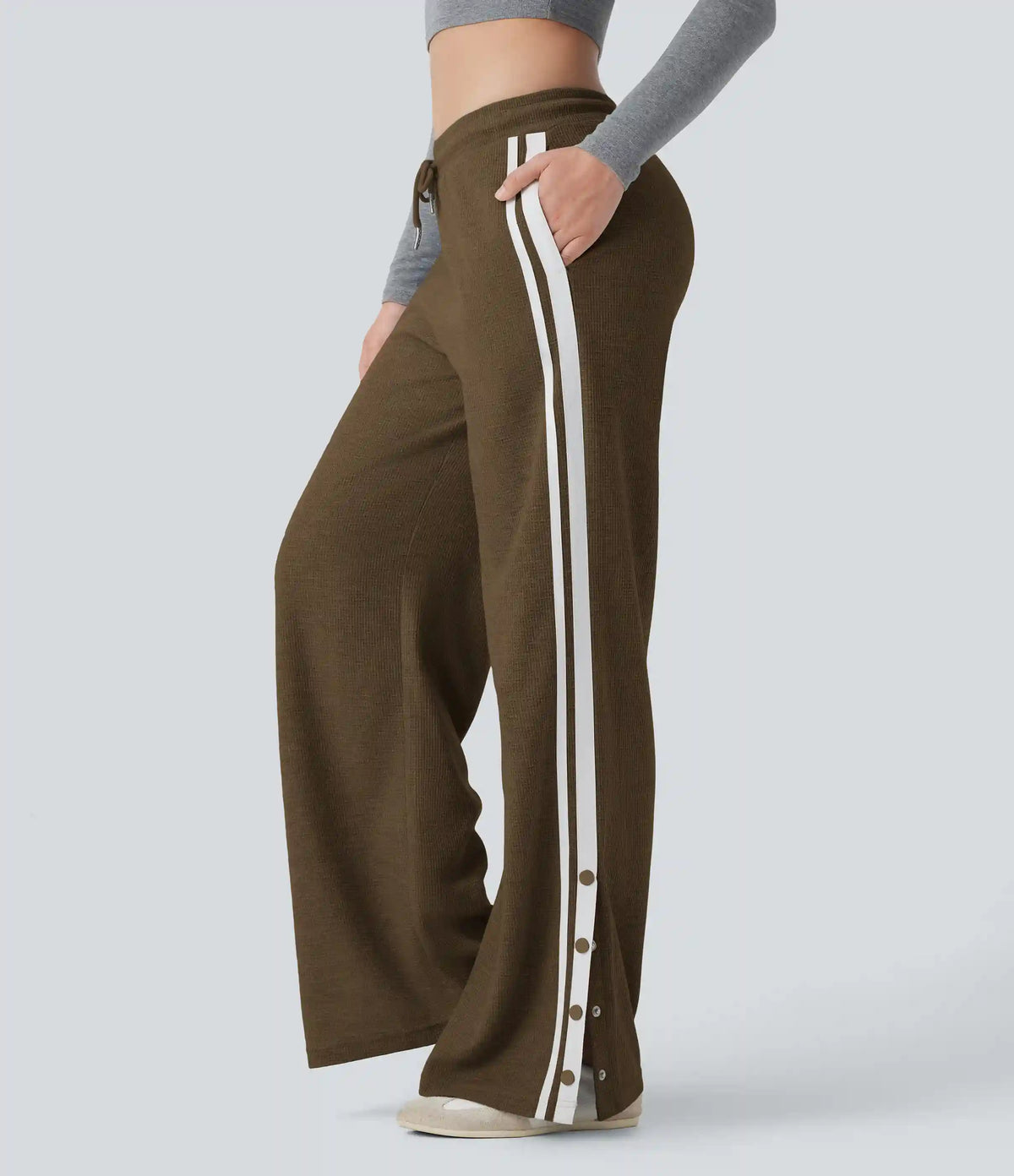 Low Rise Drawstring Color Block Snap Waffle Casual Wide Leg Pants with Pockets